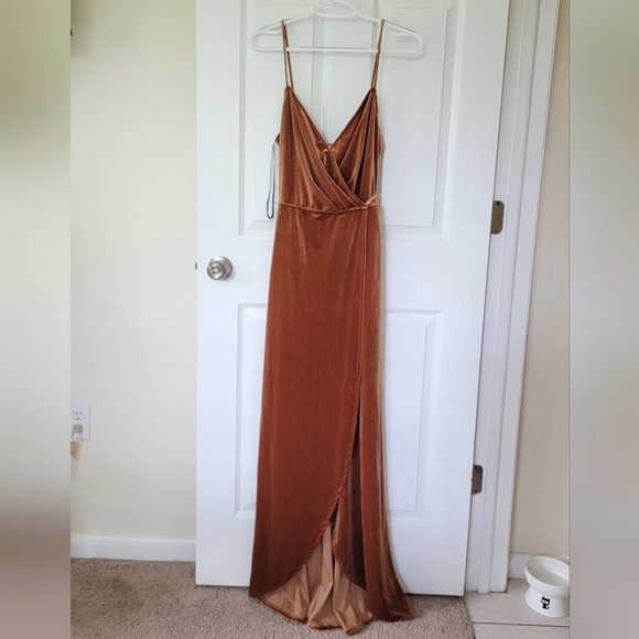 After Six Velvet Wrap Maxi Dress with Pockets & Back Tie in Golden Almond - Picture 2 of 4